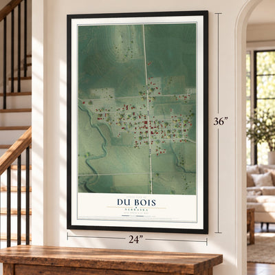 Du Bois, Nebraska map, 24 x 36 inch print in a black frame by a staircase
