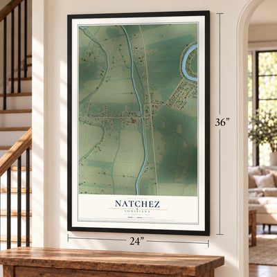 Natchez, Louisiana map, 24 x 36 inch print in a black frame by a staircase