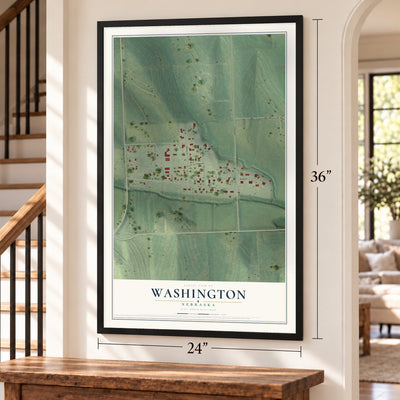 Washington, Nebraska map, 24 x 36 inch print in a black frame by a staircase