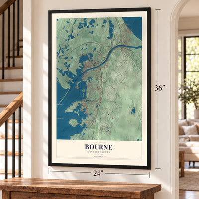 Bourne, Massachusetts map, 24 x 36 inch print in a black frame by a staircase