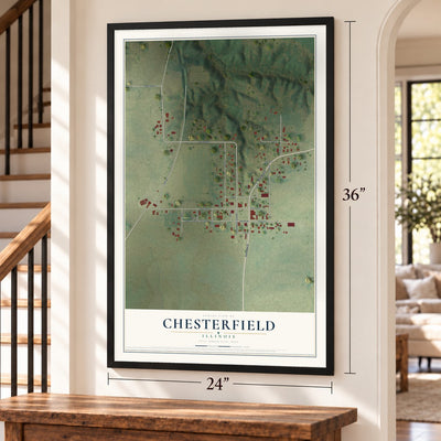 Chesterfield, Illinois map, 24 x 36 inch print in a black frame by a staircase