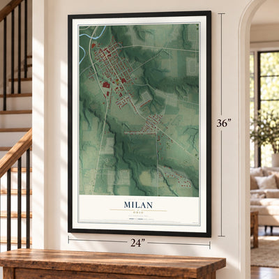 Milan, Ohio map, 24 x 36 inch print in a black frame by a staircase
