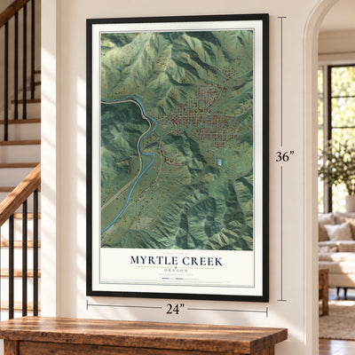 Myrtle Creek, Oregon map, 24 x 36 inch print in a black frame by a staircase