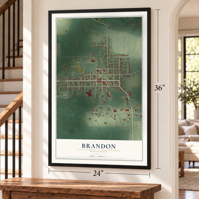 Brandon, Wisconsin map, 24 x 36 inch print in a black frame by a staircase