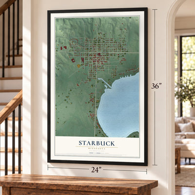 Starbuck, Minnesota map, 24 x 36 inch print in a black frame by a staircase