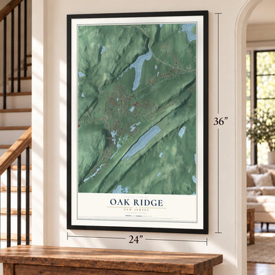 Oak Ridge, New Jersey map, 24 x 36 inch print in a black frame by a staircase