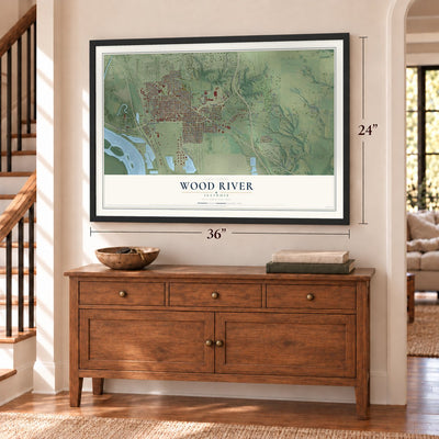 Wood River, Illinois map, 24 x 36 inch print in a black frame above a dresser by a staircase