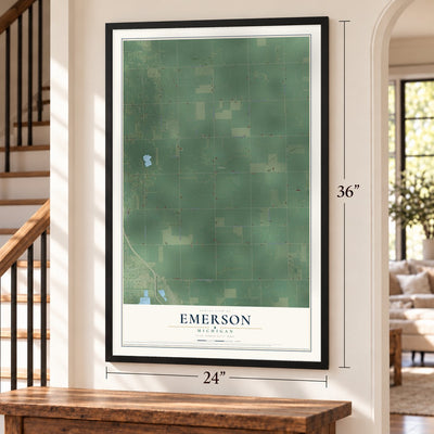 Emerson, Michigan map, 24 x 36 inch print in a black frame by a staircase