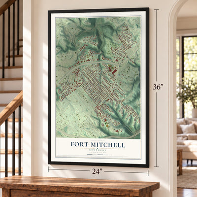 Fort Mitchell, Kentucky map, 24 x 36 inch print in a black frame by a staircase