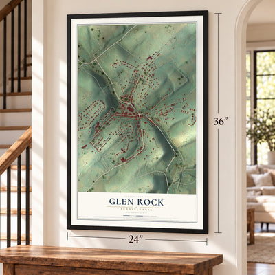 Glen Rock, Pennsylvania map, 24 x 36 inch print in a black frame by a staircase