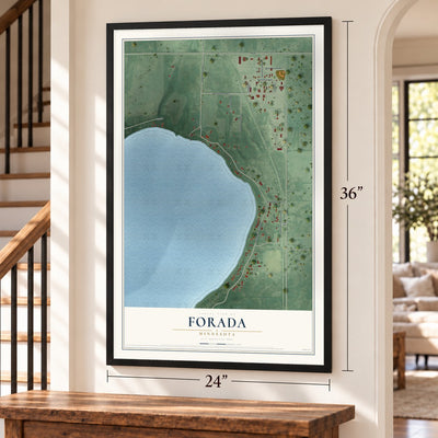Forada, Minnesota map, 24 x 36 inch print in a black frame by a staircase