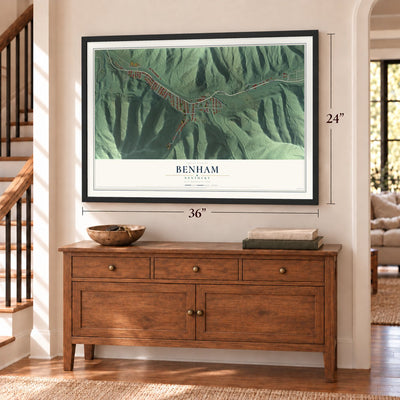 Benham, Kentucky map, 24 x 36 inch print in a black frame above a dresser by a staircase
