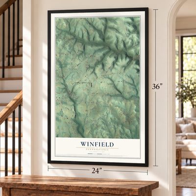 Winfield, Pennsylvania map, 24 x 36 inch print in a black frame by a staircase