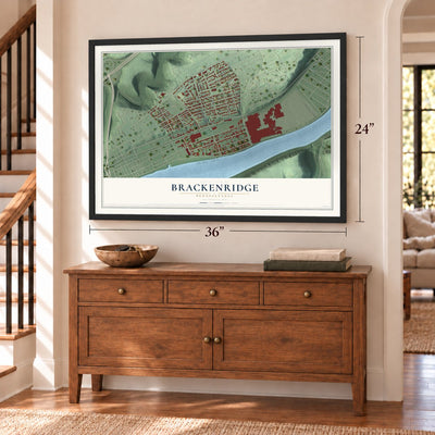 Brackenridge, Pennsylvania map, 24 x 36 inch print in a black frame above a dresser by a staircase