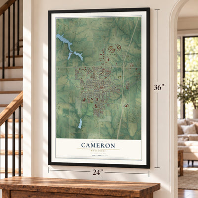 Cameron, Missouri map, 24 x 36 inch print in a black frame by a staircase