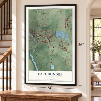 East Dundee, Illinois map, 24 x 36 inch print in a black frame by a staircase