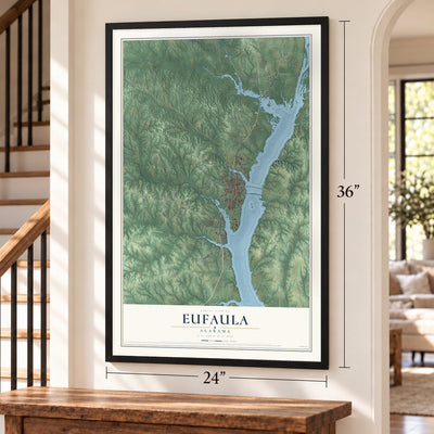 Eufaula, Alabama map, 24 x 36 inch print in a black frame by a staircase