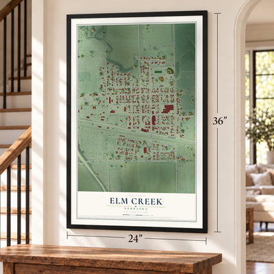 Elm Creek, Nebraska map, 24 x 36 inch print in a black frame by a staircase