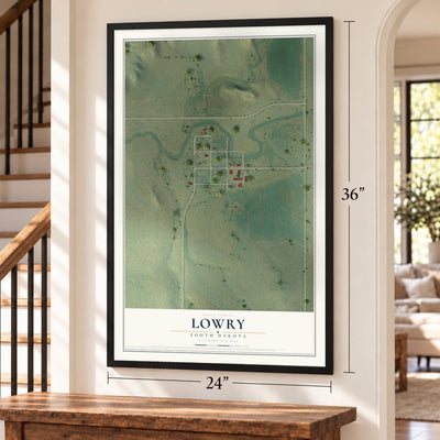 Lowry, South Dakota map, 24 x 36 inch print in a black frame by a staircase