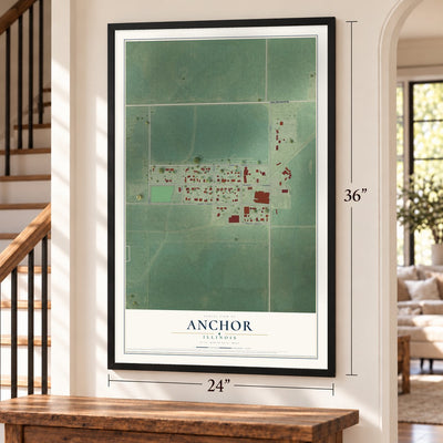 Anchor, Illinois map, 24 x 36 inch print in a black frame by a staircase