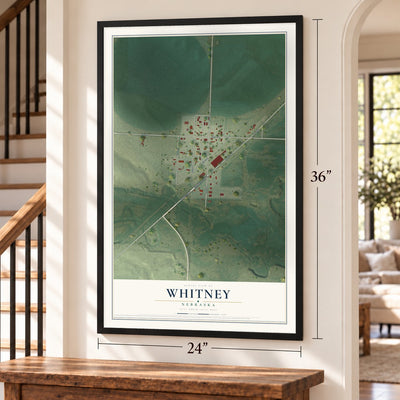 Whitney, Nebraska map, 24 x 36 inch print in a black frame by a staircase