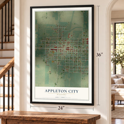 Appleton City, Missouri map, 24 x 36 inch print in a black frame by a staircase
