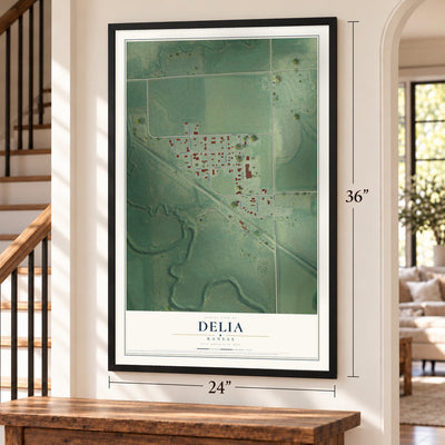 Delia, Kansas map, 24 x 36 inch print in a black frame by a staircase