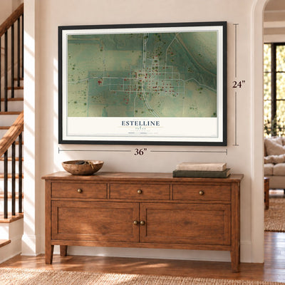 Estelline, Texas map, 24 x 36 inch print in a black frame above a dresser by a staircase