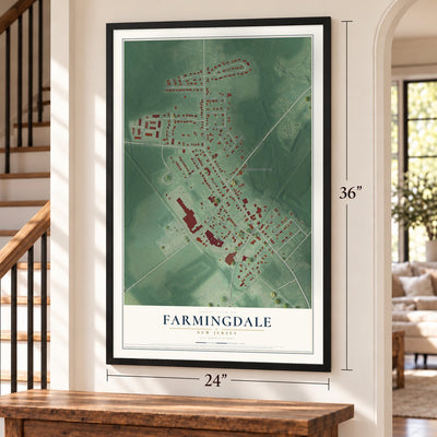 Farmingdale, New Jersey map, 24 x 36 inch print in a black frame by a staircase