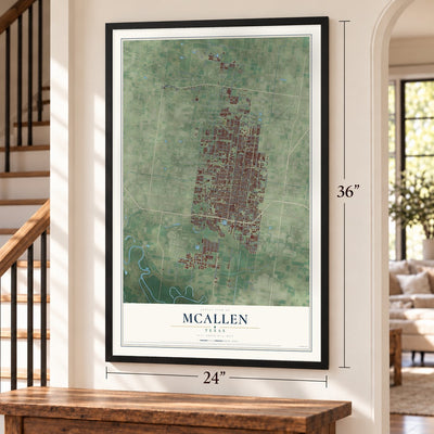 McAllen, Texas map, 24 x 36 inch print in a black frame by a staircase
