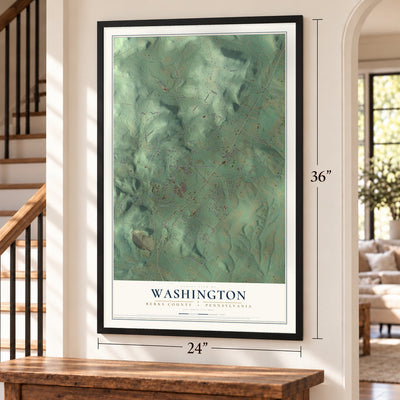 Washington, Berks County, Pennsylvania map, 24 x 36 inch print in a black frame by a staircase