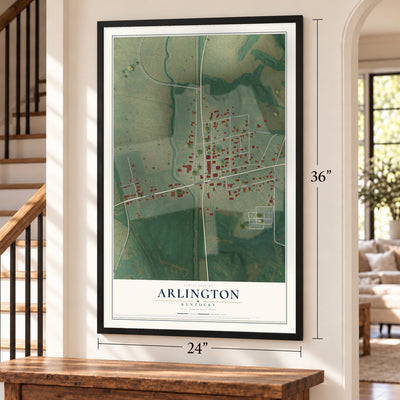 Arlington, Kentucky map, 24 x 36 inch print in a black frame by a staircase
