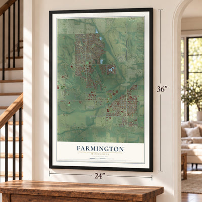 Farmington, Minnesota map, 24 x 36 inch print in a black frame by a staircase