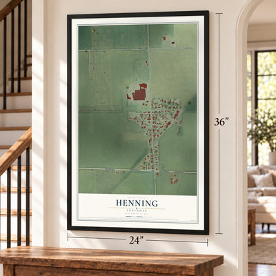Henning, Illinois map, 24 x 36 inch print in a black frame by a staircase