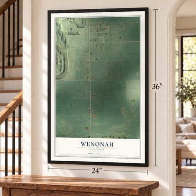 Wenonah, Illinois map, 24 x 36 inch print in a black frame by a staircase