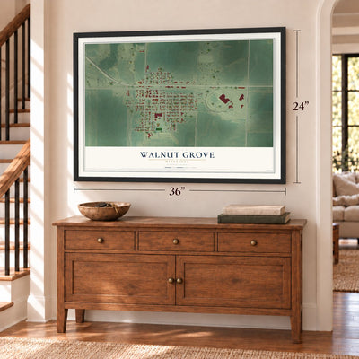 Walnut Grove, Minnesota map, 24 x 36 inch print in a black frame above a dresser by a staircase