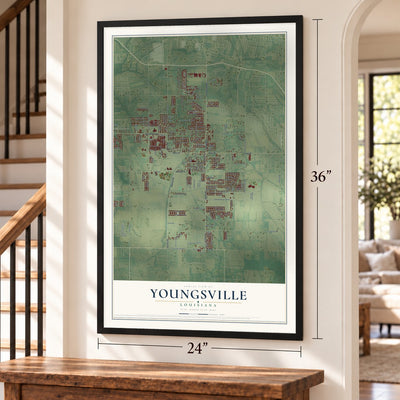 Youngsville, Louisiana map, 24 x 36 inch print in a black frame by a staircase