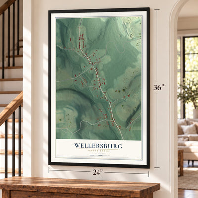 Wellersburg, Pennsylvania map, 24 x 36 inch print in a black frame by a staircase