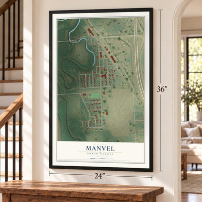 Manvel, North Dakota map, 24 x 36 inch print in a black frame by a staircase