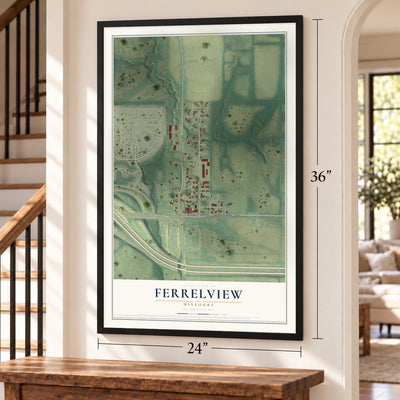 Ferrelview, Missouri map, 24 x 36 inch print in a black frame by a staircase