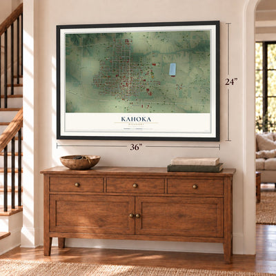 Kahoka, Missouri map, 24 x 36 inch print in a black frame above a dresser by a staircase