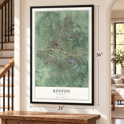 Reston, Virginia map, 24 x 36 inch print in a black frame by a staircase