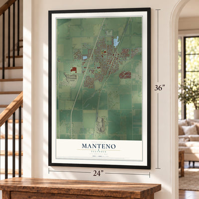 Manteno, Illinois map, 24 x 36 inch print in a black frame by a staircase