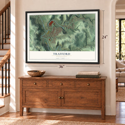 Trafford, Pennsylvania map, 24 x 36 inch print in a black frame above a dresser by a staircase