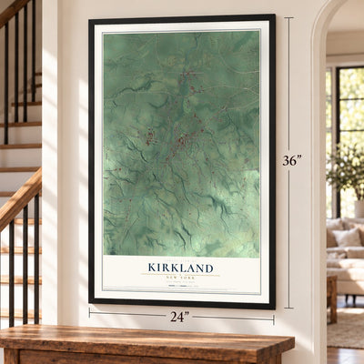 Kirkland, New York map, 24 x 36 inch print in a black frame by a staircase