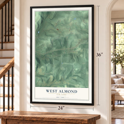 West Almond, New York map, 24 x 36 inch print in a black frame by a staircase
