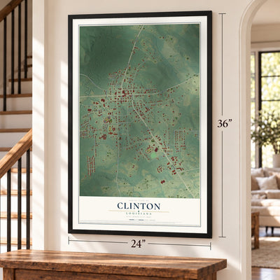 Clinton, Louisiana map, 24 x 36 inch print in a black frame by a staircase