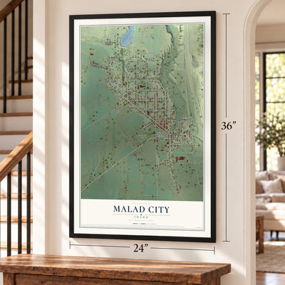 Malad City, Idaho map, 24 x 36 inch print in a black frame by a staircase