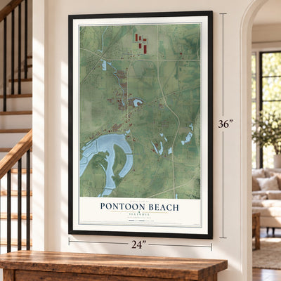 Pontoon Beach, Illinois map, 24 x 36 inch print in a black frame by a staircase