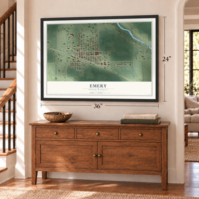 Emery, South Dakota map, 24 x 36 inch print in a black frame above a dresser by a staircase